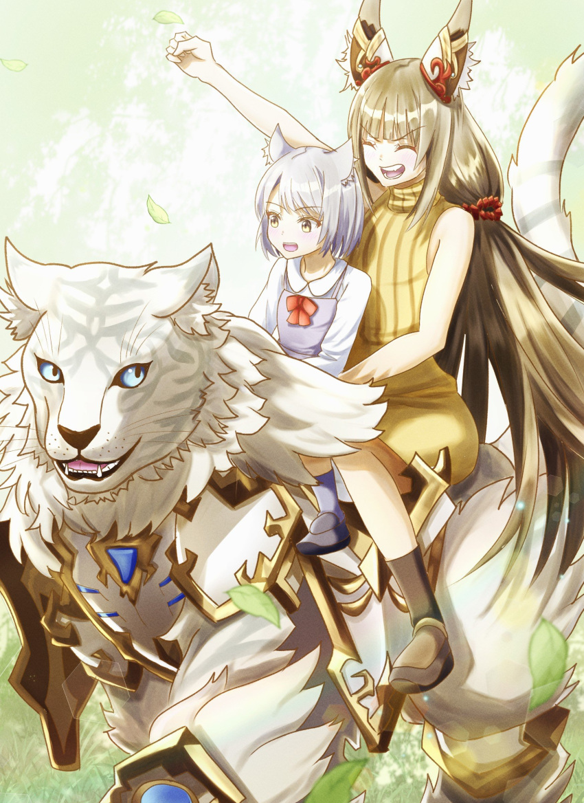 2girls :d ^_^ absurdres age_comparison animal_ear_fluff animal_ears arm_up blue_eyes boots bow bowtie brown_footwear brown_hair cat_ears cat_girl closed_eyes commentary_request dromarch_(xenoblade) dual_persona grey_hair highres long_hair medium_hair multiple_girls nia_(xenoblade) open_mouth piubiscuit red_bow red_bowtie sharp_teeth smile teeth tiger very_long_hair white_fur xenoblade_chronicles_(series) xenoblade_chronicles_2 xenoblade_chronicles_3