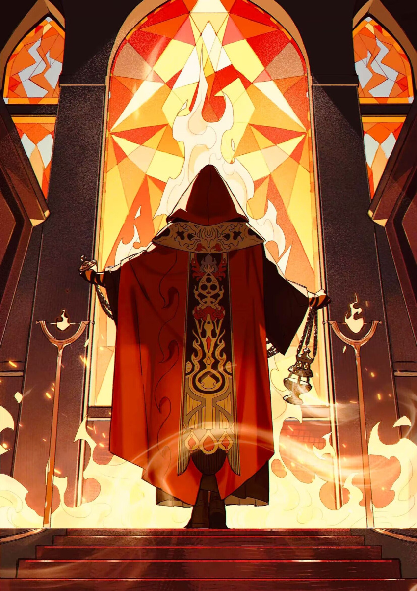1boy black_footwear black_robe boots border censer ceremony chain cloak commentary elrohirz facing_away fire formal from_behind full_body grey_background hand_wraps highres holding hood hood_up hooded_cloak indoors long_sleeves male_focus original outstretched_arms red_cloak red_theme robe smile solo stained_glass stairs standing wide_sleeves