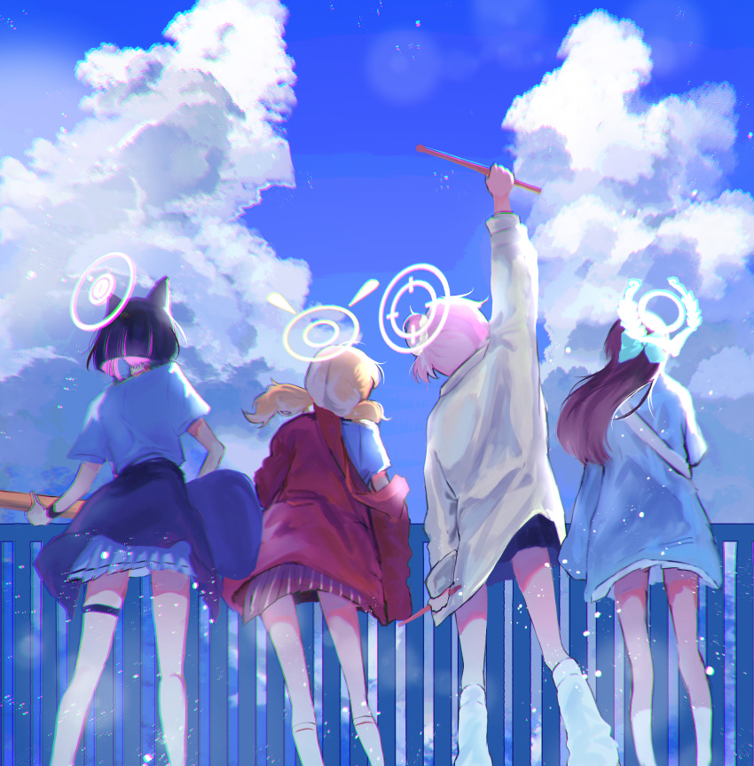 4girls absurdres after-school_sweets_club_(blue_archive) airi_(band)_(blue_archive) airi_(blue_archive) black_hair blonde_hair blue_archive blue_jacket blue_skirt blue_sky brown_hair clothes_around_waist clouds day drumsticks english_commentary from_behind guitar halo highres holding holding_drumsticks holding_guitar holding_instrument instrument jacket jacket_around_waist karuitori kazusa_(band)_(blue_archive) kazusa_(blue_archive) loose_socks medium_hair multicolored_hair multiple_girls natsu_(band)_(blue_archive) natsu_(blue_archive) official_alternate_costume pink_hair pleated_skirt railing red_jacket red_skirt shirt short_hair skirt sky socks two-tone_hair white_jacket white_shirt wristband yoshimi_(band)_(blue_archive) yoshimi_(blue_archive)