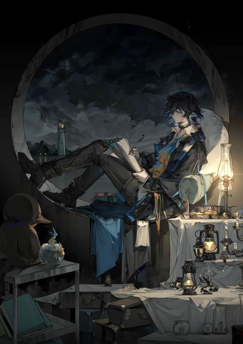 1boy absurdres ahoge arknights ascot bishounen black_coat black_footwear black_hair black_pants blue_ascot blue_hair book box candle chair chinese_commentary closed_mouth clouds coat cup dongsheng food full_body highres holding holding_book holding_pen infection_monitor_(arknights) jacket jar jewelry lamp lantern lighthouse long_sleeves lumen_(arknights) male_focus multicolored_hair night night_sky open_book open_clothes pants pen pointy_ears profile shell shirt shoes short_hair sitting sky solo table white_shirt writing