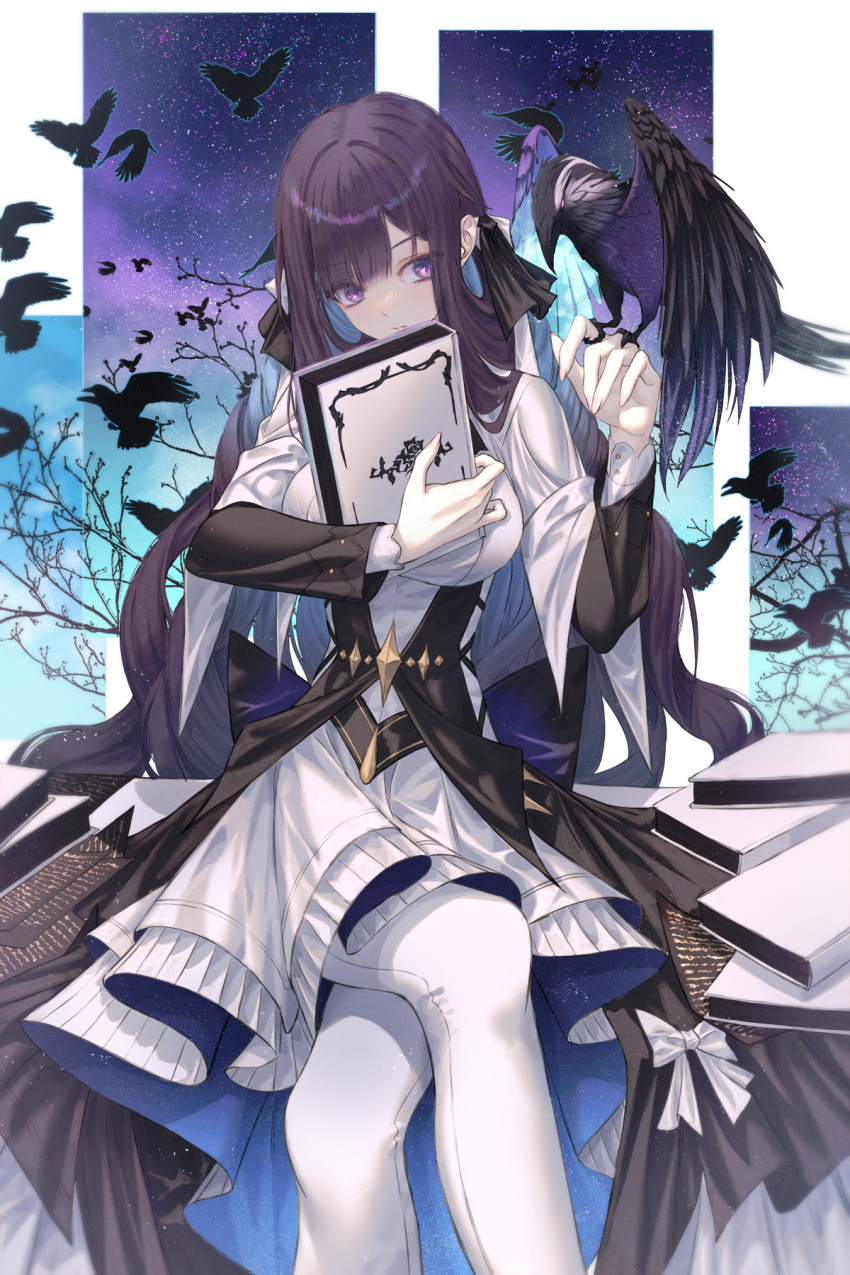 1girl animal_on_hand bird black_jacket blunt_bangs book commentary_request crossed_legs crow dress expressionless hair_ribbon highres holding holding_book honkai_(series) honkai_impact_3rd jacket kafka_(honkai_impact) korean_commentary long_hair long_sleeves looking_at_viewer multicolored_clothes multicolored_dress neon_(pixiv_31150749) purple_hair ribbon sidelocks stigmata very_long_hair violet_eyes white_dress