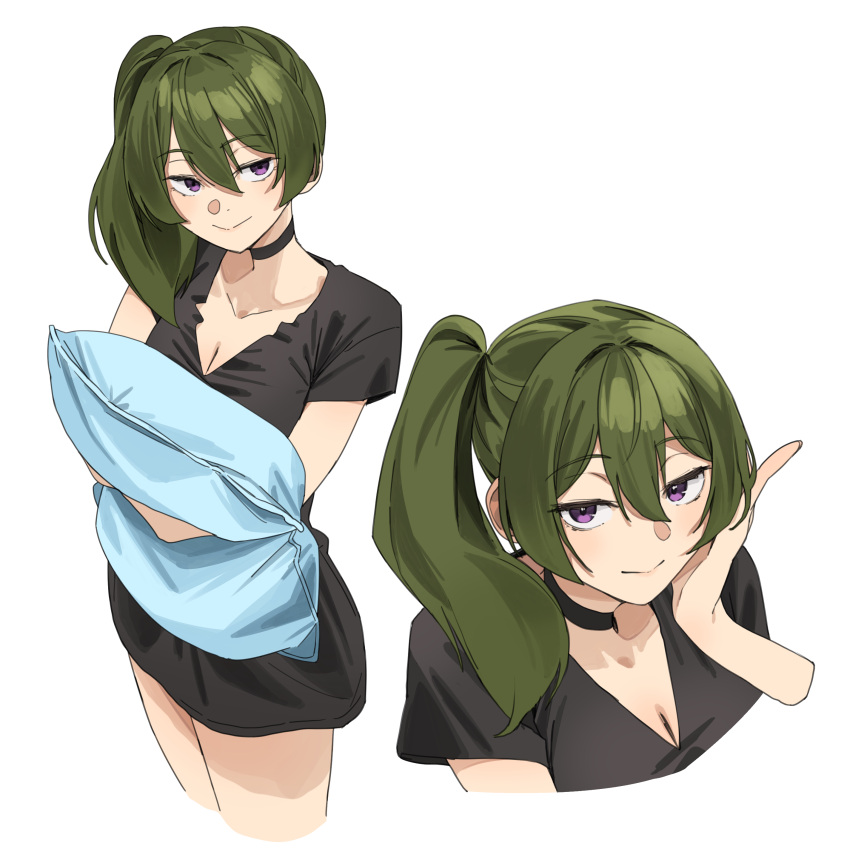 1girl absurdres alternate_costume black_choker black_shirt blunt_bangs choker commentary cropped_legs cropped_torso english_commentary green_hair hand_on_own_cheek hand_on_own_face highres holding holding_pillow lewdrawings long_hair looking_at_viewer multiple_views pillow shirt short_sleeves side_ponytail simple_background sousou_no_frieren thighs ubel_(sousou_no_frieren) violet_eyes white_background