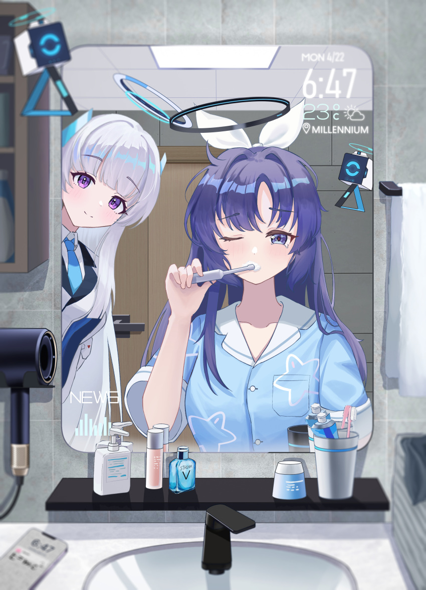 2girls absurdres astelia bathroom blue_archive blue_necktie blue_pajamas blush breasts cellphone closed_mouth collared_shirt drone faucet grey_hair hair_between_eyes halo highres holding holding_toothbrush indoors large_breasts long_hair mechanical_halo mirror multiple_girls necktie noa_(blue_archive) pajamas phone purple_hair shirt short_sleeves smartphone smile tile_wall tiles toothbrush toothbrush_in_mouth towel violet_eyes white_shirt yuuka_(blue_archive)