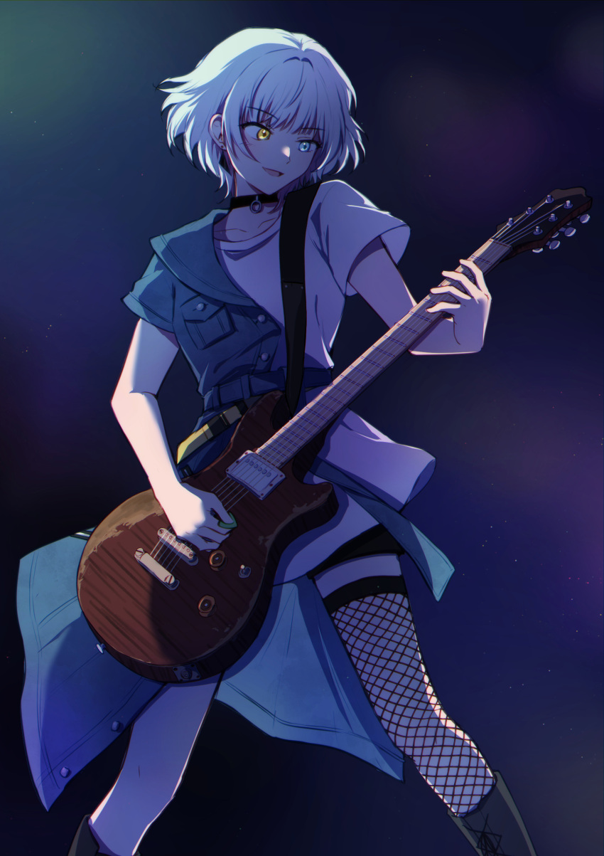 1girl absurdres bang_dream! bang_dream!_it's_mygo!!!!! black_background blue_coat blue_eyes coat commentary earrings electric_guitar fishnet_thighhighs fishnets guitar heterochromia highres instrument jacha_gam jewelry kaname_raana legs_apart light_particles medium_hair parted_lips playing_guitar shirt short_sleeves single_thighhigh smile solo stud_earrings thigh-highs white_hair white_shirt yellow_eyes