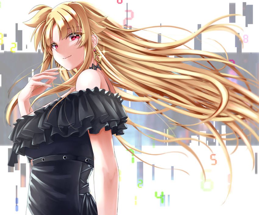 1girl black_dress blonde_hair closed_mouth dress earrings fate_testarossa floating_hair from_side highres jewelry long_hair looking_at_viewer lyrical_nanoha mahou_shoujo_lyrical_nanoha_strikers off-shoulder_dress off_shoulder red_eyes smile solo sougetsu_izuki sparkle straight_hair upper_body very_long_hair