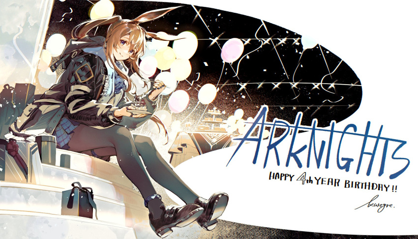 1girl amiya_(arknights) animal_ears anklet arknights ascot balloon birthday black_footwear black_jacket black_pantyhose blue_ascot blue_skirt bow box brown_hair cake clothes_writing commentary_request confetti copyright_name english_text food fork gift gift_box hair_between_eyes happy_birthday highres hood hood_down hooded_jacket jacket jewelry long_hair long_sleeves magenaiman3 multiple_rings pantyhose plaid plaid_skirt pleated_skirt ponytail rabbit_ears rabbit_girl ribbon ring shoes sidelocks signature sitting skirt smile solo streamers table tablecloth thigh_ring thumb_ring