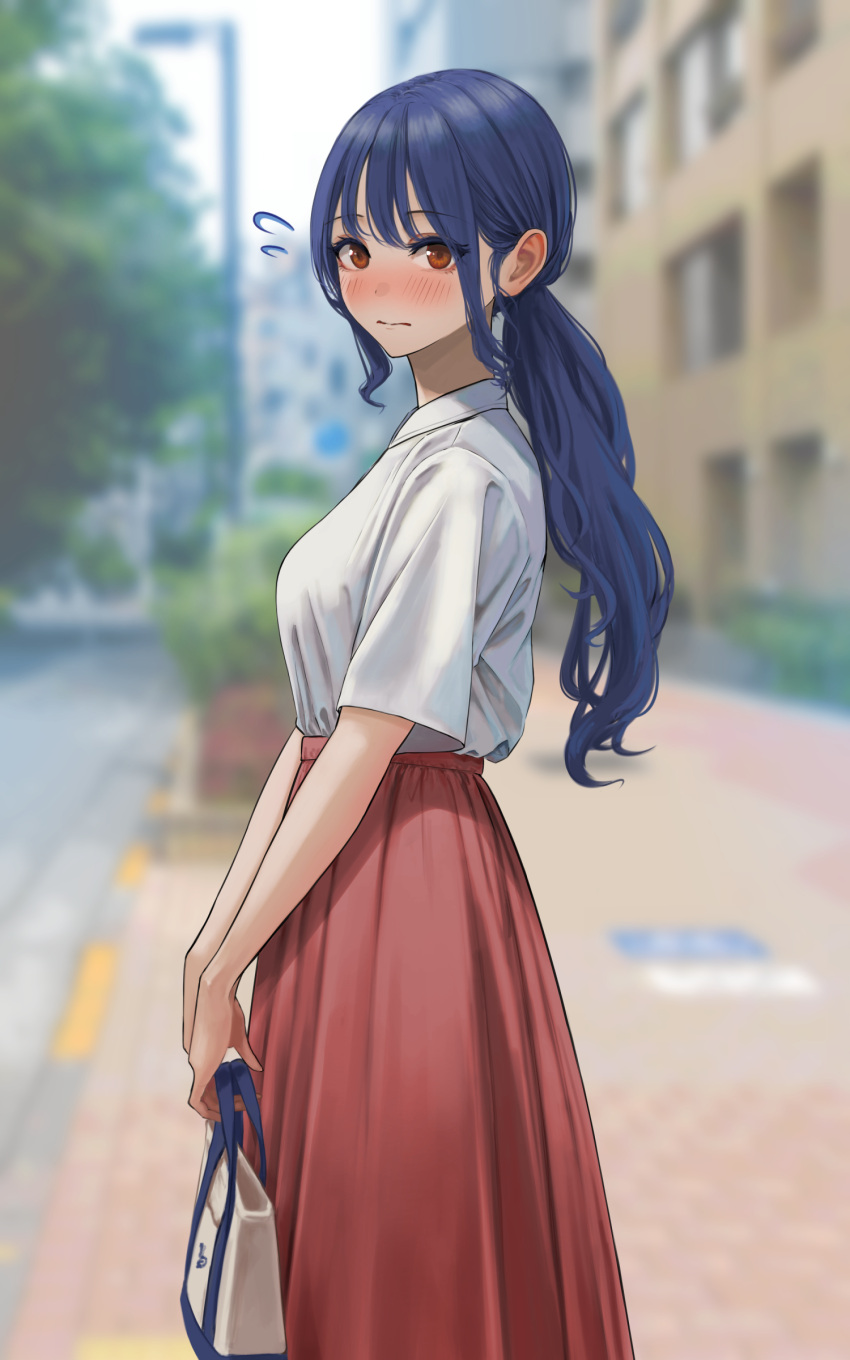 1girl absurdres bag blue_hair blurry blurry_background blush breasts brown_eyes building choppy_bangs closed_mouth flying_sweatdrops from_side handbag highres holding holding_bag inoue_iori long_hair looking_at_viewer low_ponytail medium_breasts original outdoors red_skirt shirt short_sleeves skirt solo standing white_shirt yukimaru_ai