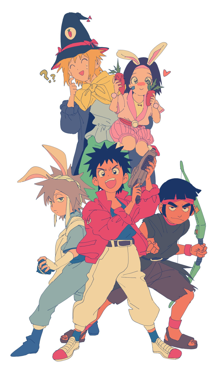 absurdres animal_ears belt black_hair blonde_hair bow_(weapon) carrot cosplay grey_hair hat hatake_kakashi heart highres looking_at_viewer might_guy namikaze_minato naruto_(series) nohara_rin pumpkin_pants rabbit_ears sandals shorts simple_background smile spinning_top thick_eyebrows uchiha_obito weapon white_background witch_hat woojoo_(woojoobox)