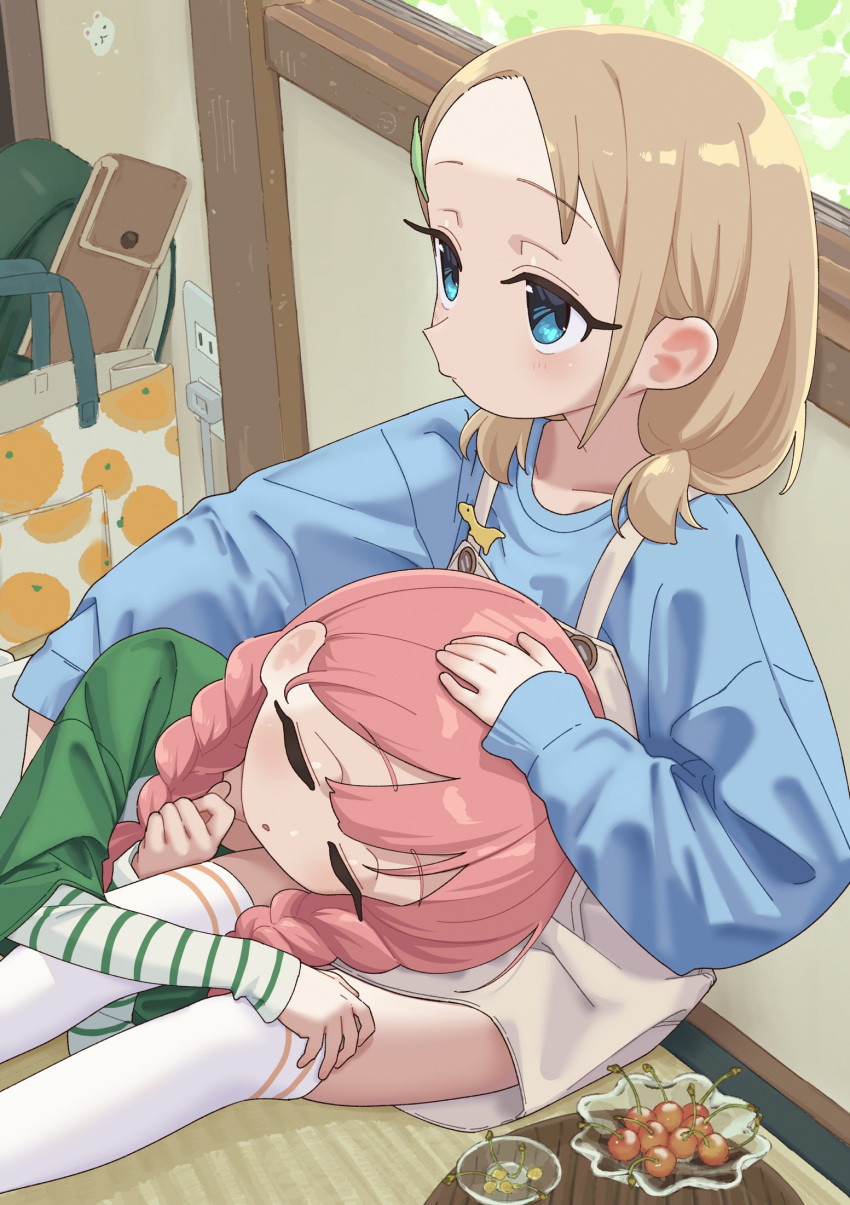 2girls blue_eyes blue_sweater bouen braid cherry closed_eyes commission expressionless food fruit green_shirt highres indoors lap_pillow light_brown_hair long_hair multiple_girls on_floor original parted_lips pink_hair shirt short_hair short_twintails skeb_commission skirt sleeping suspender_skirt suspenders sweater tatami thigh-highs twin_braids twintails white_thighhighs