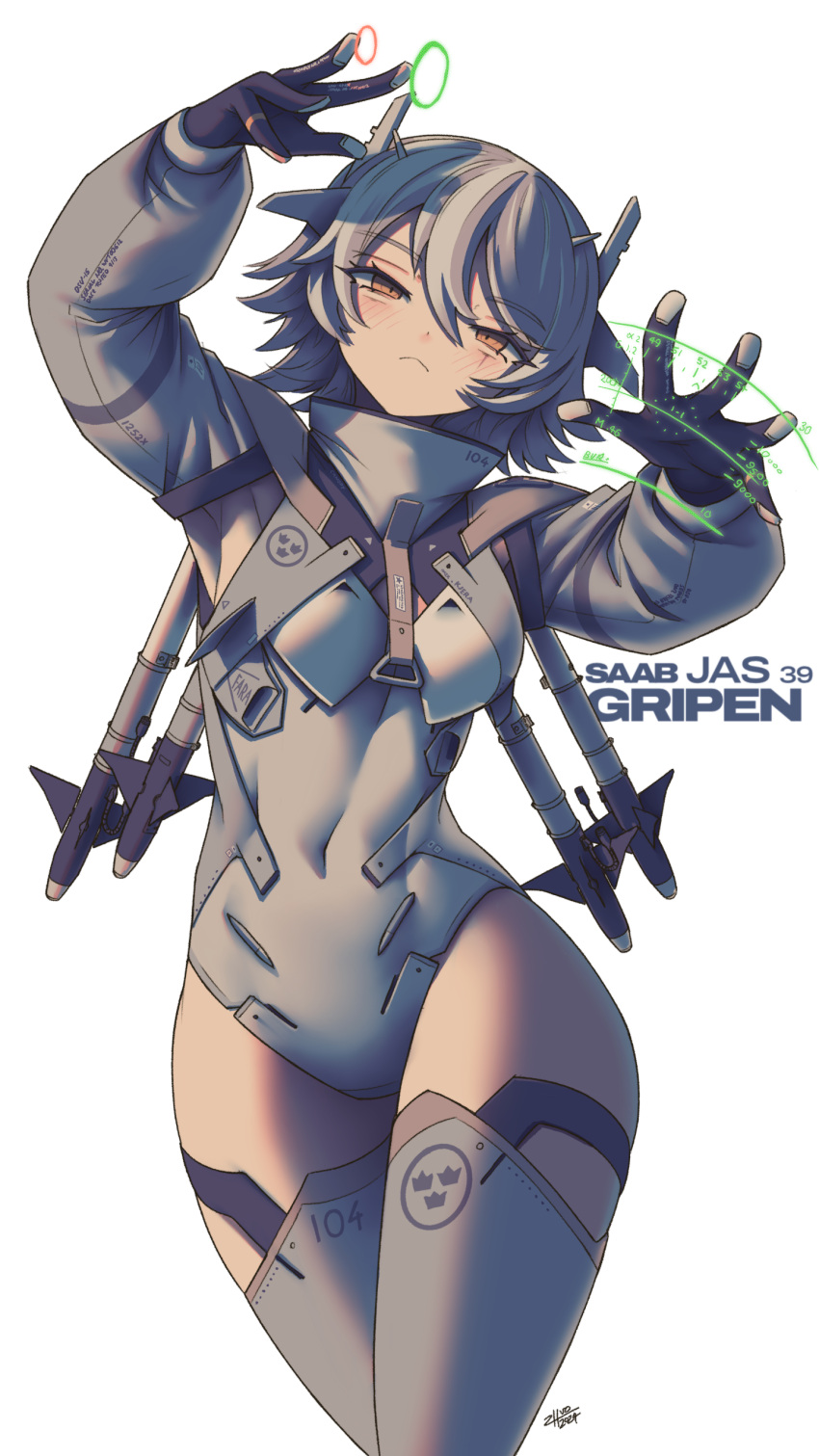 1girl absurdres coat_of_arms covered_navel english_commentary frown gloves grey_hair half-closed_eyes headgear highres hologram leotard looking_at_viewer missile orange_eyes original personification saab_gripen short_hair signature solo thigh-highs tre_kronor white_background zhvo