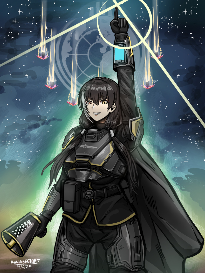 absurdres armor artist_name belt black_cape black_hair cape cosplay dated english_commentary girls_frontline helldiver_(helldivers) helldiver_(helldivers)_(cosplay) helldivers_(series) hellpod_(helldivers) heterochromia highres holy_light long_hair looking_at_viewer megaphone multicolored_hair night night_sky orange_eyes parted_lips plate_armor pointing pointing_up pouch ro635_(girls'_frontline) sky smile streaked_hair white_hair yellow_eyes