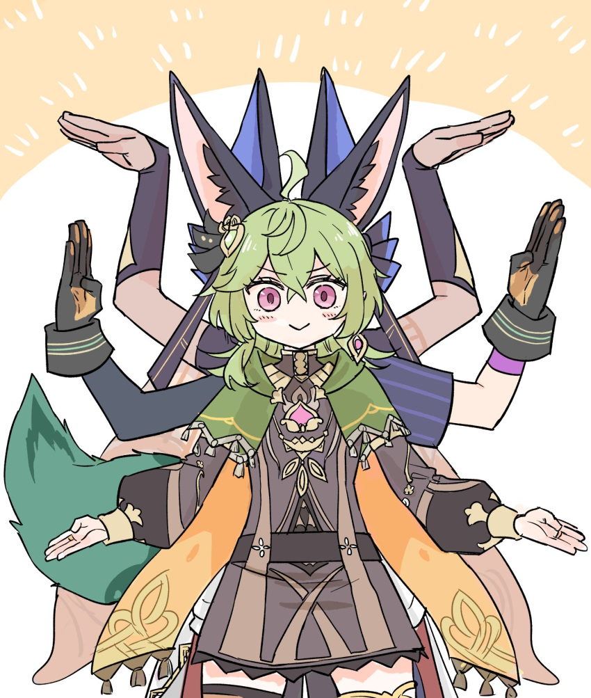 &gt;:) 1girl 2boys ahoge animal_ears arms_up asymmetrical_sleeves behind_another bridal_gauntlets capelet closed_mouth collei_(genshin_impact) cowboy_shot crossed_bangs cyno_(genshin_impact) dangle_earrings dress earrings genshin_impact gloves green_hair hair_between_eyes hair_ornament hands_up highres himeko_(nico6v6pachi) jewelry long_hair long_sleeves looking_at_viewer multiple_boys outstretched_hand pink_eyes puffy_long_sleeves puffy_sleeves ring scarf short_dress short_sleeves smile straight-on tail tan thigh-highs tighnari_(genshin_impact) v-shaped_eyebrows