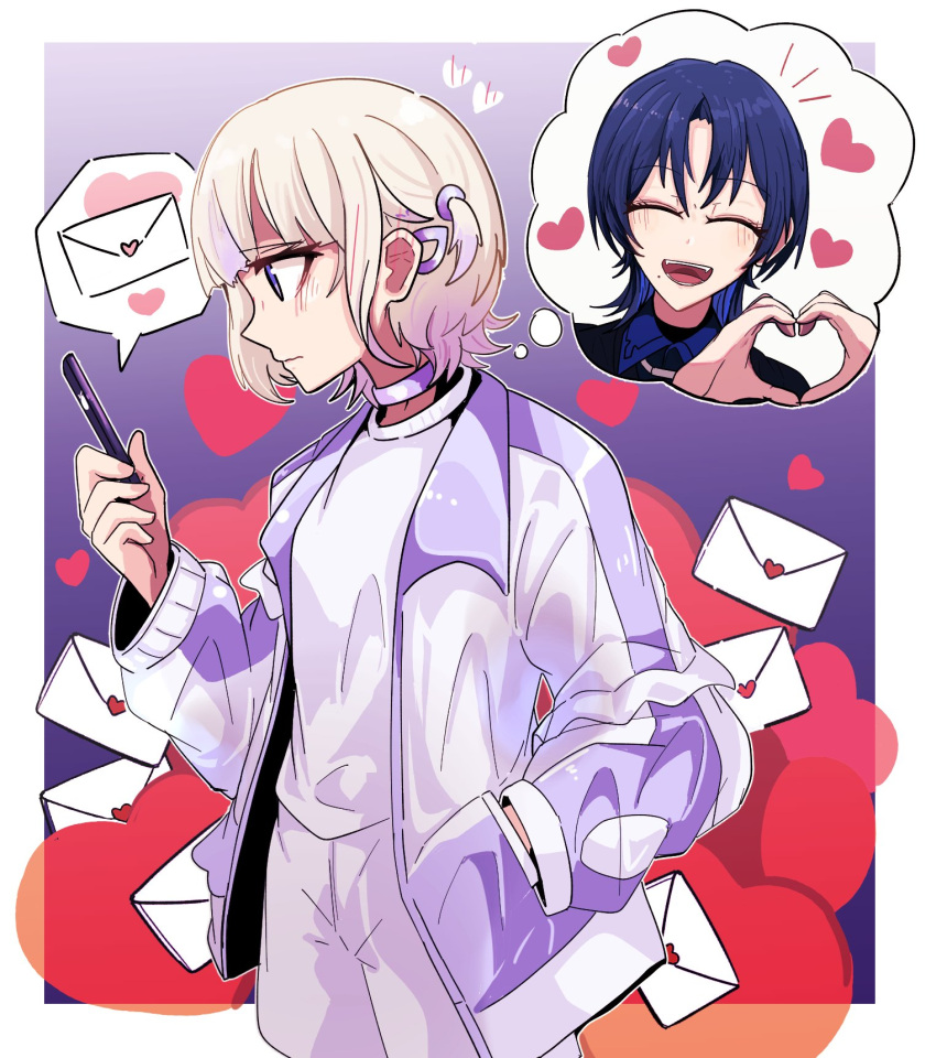 2girls blonde_hair blue_hair blush cellphone choker closed_eyes hand_in_pocket heart heart_hands highres hiodoshi_ao hololive hololive_dev_is jacket love_letter mole mole_under_mouth multiple_girls phone purple_choker purple_jacket shorts smartphone thought_bubble todoroki_hajime vegs violet_eyes virtual_youtuber