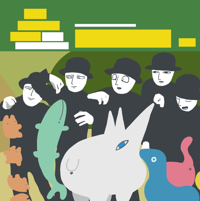 5boys album_cover_redraw bags_under_eyes black_bodysuit black_eyes bodysuit bowler_hat closed_eyes closed_mouth colored_skin creature derivative_work feeding_animal feet_out_of_frame fish flat_color frown green_background grey_eyes hat highres kipper_goodbreakfast lineup long_sleeves looking_at_another male_focus matching_outfits multiple_boys open_mouth original pet_sounds smile standing the_beach_boys white_skin wide-eyed