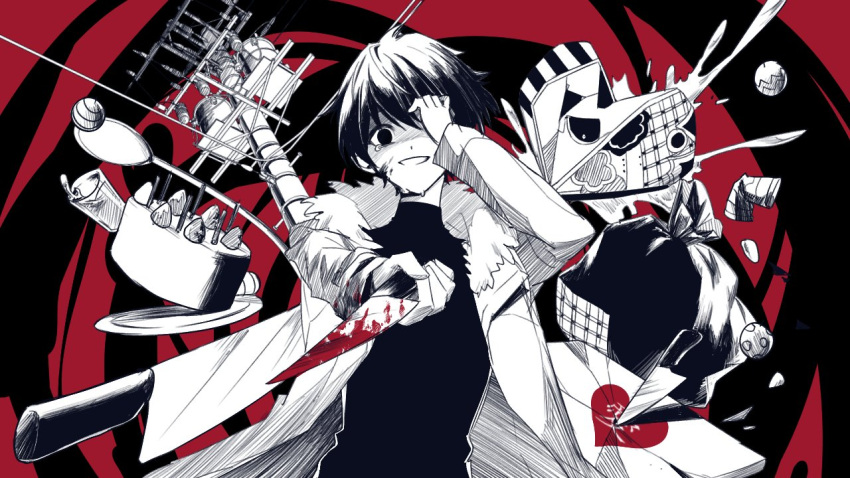 1boy cake can crying empty_eyes food gongbbang greyscale_with_colored_background hand_up heart holding holding_knife inaiinai_izonshou_(vocaloid) jacket knife long_sleeves looking_at_viewer plate shirt solo spoon trash_bag tsugino_haru turtleneck turtleneck_shirt zeno_(game)