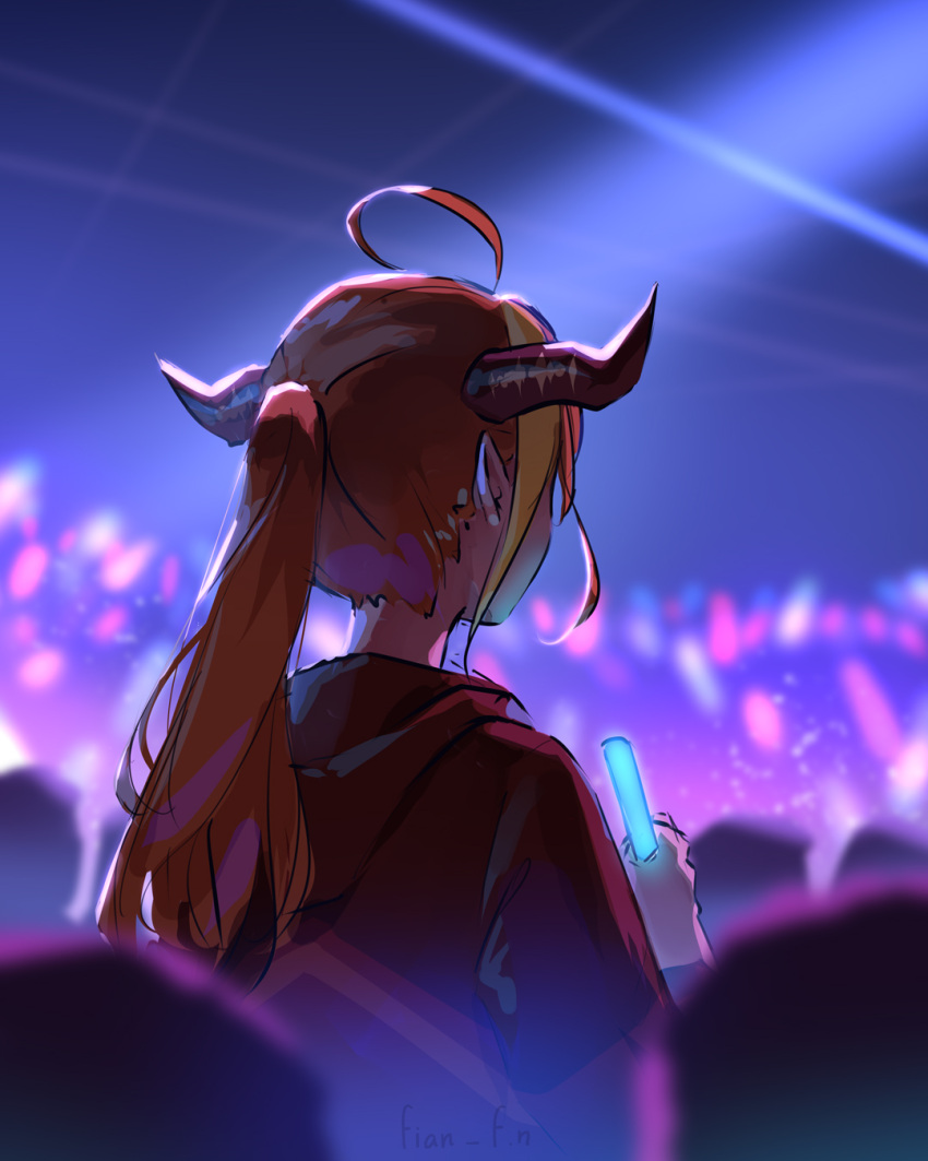 1girl ahoge artist_name commentary concert dragon_girl dragon_horns english_commentary fian_f.n from_behind glowstick highres hololive hood hooded_jacket horns jacket kiryu_coco kiryu_coco_(loungewear) long_hair multicolored_hair orange_hair penlight_(glowstick) pointy_ears ponytail red_jacket spotlight streaked_hair track_jacket virtual_youtuber