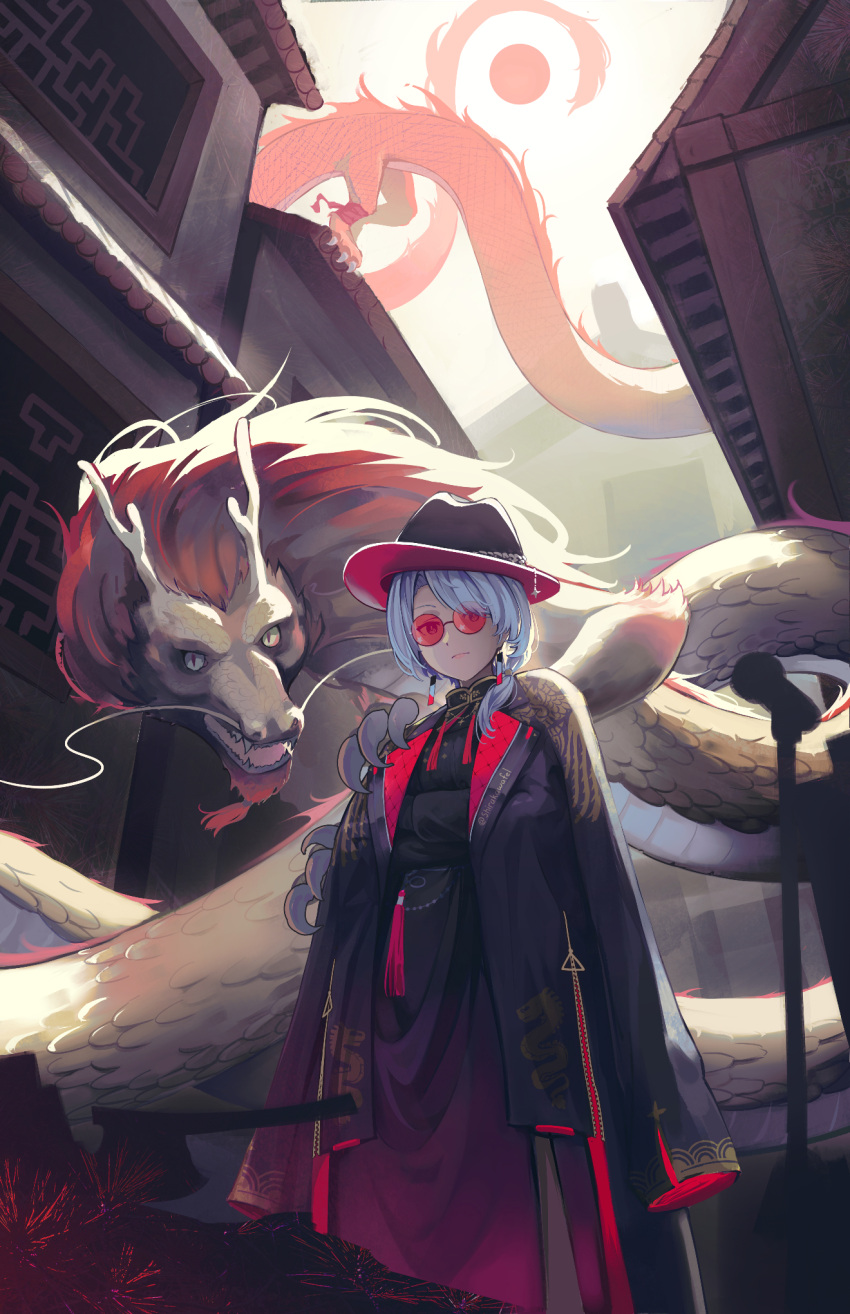 1girl alternate_costume black_coat blue_hair chinese_clothes claws closed_mouth coat commentary cost dragon earrings eastern_dragon fedora hair_over_shoulder hanafuda_earrings hat high_collar highres hololive hoshimachi_suisei jewelry light_blue_hair looking_at_viewer outdoors shirakawafel sleeves_past_wrists solo sunglasses twitter_username virtual_youtuber