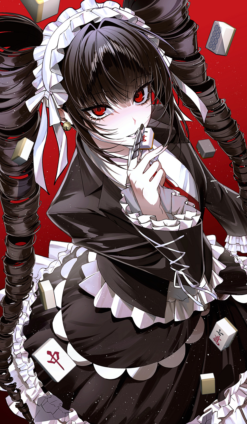 1girl absurdres black_dress black_hair black_jacket black_nails celestia_ludenberg collared_shirt danganronpa:_trigger_happy_havoc danganronpa_(series) dress drill_hair earrings frilled_skirt frills ggatip highres holding jacket jewelry layered_dress long_hair long_sleeves nail_polish necktie official_art open_clothes open_jacket red_background red_eyes red_necktie riichi_city shirt skirt smile solo twin_drills twintails white_shirt
