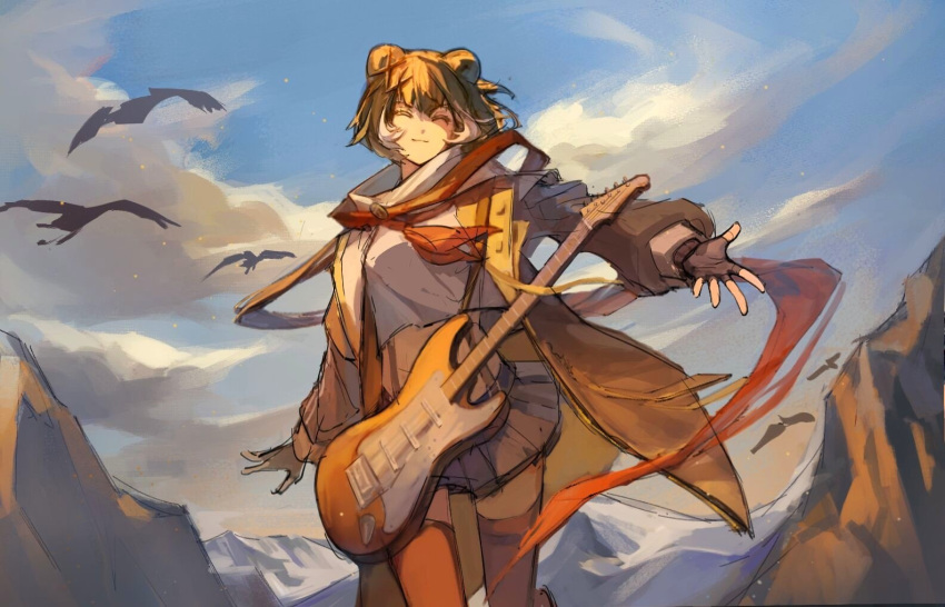 1girl animal_ears arknights bear_ears bear_girl bird black_coat black_gloves blue_skirt blue_sky brown_hair chinese_commentary closed_eyes clouds coat commentary_request cropped_shirt electric_guitar feet_out_of_frame fingerless_gloves gloves guitar instrument leto_(arknights) long_sleeves looking_at_viewer mountainous_horizon multicolored_hair neckerchief ningjiu_9 outdoors outstretched_hand pleated_skirt red_neckerchief red_scarf red_thighhighs scarf shirt sketch skirt sky smile solo streaked_hair suspenders thigh-highs white_hair white_shirt
