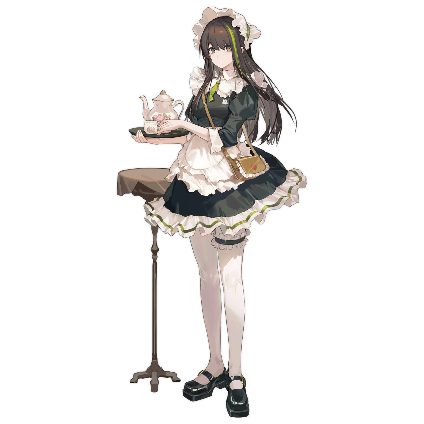 1girl apron bag black_dress black_footwear bonnet bridal_garter brown_bag brown_eyes brown_hair closed_mouth cup dress full_body girls_frontline green_hair green_necktie hair_between_eyes handbag highres holding holding_cup holding_tray long_hair looking_at_viewer m4a1_(fluffy_fruit_tea)_(girls'_frontline) m4a1_(girls'_frontline) maid maid_apron mary_janes multicolored_hair necktie official_alternate_costume official_art pantyhose puffy_sleeves shoes short_necktie simple_background smile solo standing streaked_hair table teacup teapot third-party_source transparent_background tray umo_(mica_team) white_apron white_pantyhose