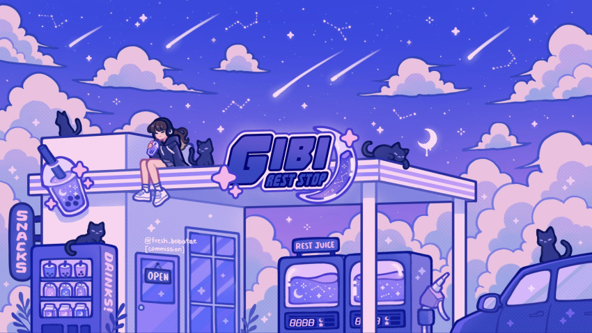 1girl black_cat black_fur black_jacket blue_sky brown_hair bubble_tea car cat closed_eyes clouds colored_inner_hair commission constellation crescent_moon cup disposable_cup drink emily_kim gas_station gibi_(youtuber) headphones highres holding holding_drink jacket liquid moon motor_vehicle multicolored_hair pleated_skirt purple_car purple_clouds purple_sky purple_theme real_life shoes shooting_star skirt sky sneakers socks sparkle sweater twitter_username two-tone_hair vending_machine white_footwear white_socks wide_shot