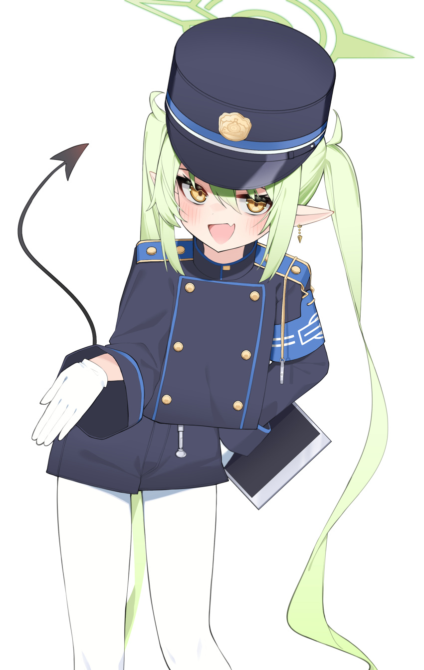 1girl absurdres black_hat black_shirt black_shorts black_tail blue_archive blush demon_tail fang feet_out_of_frame gloves green_hair green_halo halo hat highlander_twintails_conductor_(blue_archive) highres long_hair long_sleeves open_mouth pantyhose peaked_cap rui_p shirt shorts simple_background skin_fang smile solo tail twintails white_background white_gloves white_pantyhose yellow_eyes