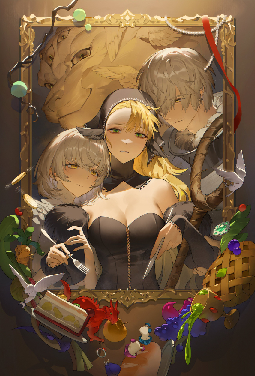 1boy 2girls absurdres ambrosia_(dungeon_meshi) animal_ears apple arm_grab bare_shoulders black_dress black_hat blonde_hair bread cake cake_slice chalice coin cup detached_collar detached_sleeves dragon dress dungeon_meshi extra_eyes falin_touden falin_touden_(chimera) food fork frown fruit fur-trimmed_sleeves fur_trim gem gorget grapes green_eyes grey_hair hair_over_one_eye head_scarf head_wings highres holding holding_fork holding_knife jewelry knife laios_touden leaf long_hair looking_at_another looking_at_viewer mandragora marcille_donato marcille_donato_(lord) multiple_girls necklace one_eye_covered painting_(object) pearl_necklace picture_frame pie plate red_dragon_(dungeon_meshi) red_ribbon ribbon ring short_hair smile spill staff strapless strapless_dress swept_bangs unworn_jewelry unworn_necklace upper_body walking_mushroom_(dungeon_meshi) winged_lion_(dungeon_meshi) wings yellow_eyes zzom_b