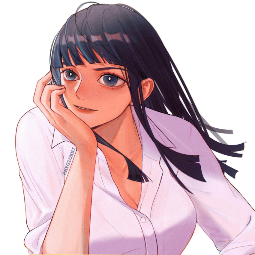 1girl blue_eyes blue_hair blunt_bangs blunt_ends close-up dark_blue_hair english_commentary hand_on_own_cheek hand_on_own_face highres light_smile looking_to_the_side medium_hair mygiorni nico_robin one_piece shirt sidelocks simple_background solo twitter_username upper_body white_hair white_shirt