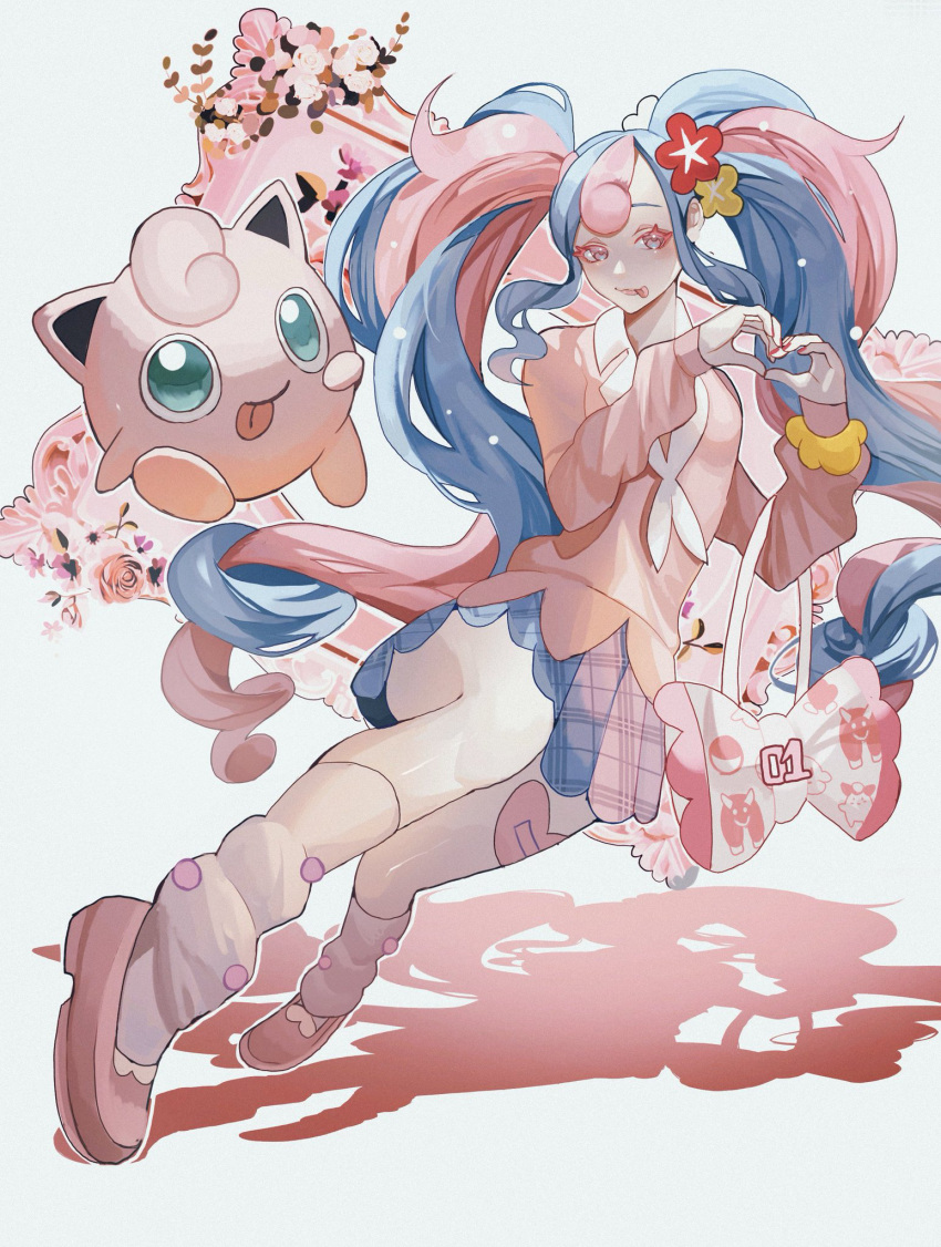 1girl :p aqua_eyes bag fairy_miku_(project_voltage) handbag hatsune_miku heart heart_hands highres holding holding_bag jigglypuff lips long_hair multicolored_hair pink_footwear pokemon project_voltage reo_(mmocc123) shadow shirt shoes skirt smile tongue tongue_out two-tone_hair very_long_hair vocaloid white_background