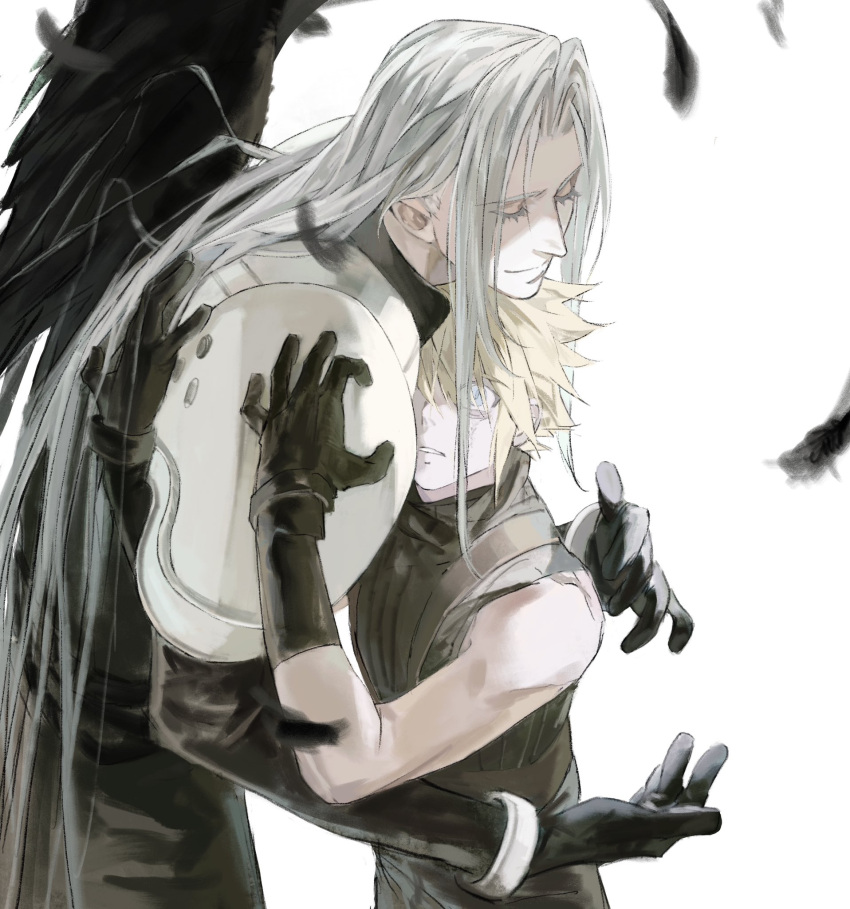 2boys arms_around_back bangle belt black_coat black_feathers black_gloves black_pants black_sweater blonde_hair blue_eyes bracelet closed_eyes cloud_strife coat commentary english_commentary feathered_wings feathers final_fantasy final_fantasy_vii gloves grey_hair hand_on_another's_shoulder high_collar highres jewelry light_smile long_bangs long_coat long_hair long_sleeves male_focus multiple_boys one_eye_covered pants parted_bangs parted_lips scared sephiroth single_wing sleeveless sleeveless_sweater sleeveless_turtleneck suspenders sweater turtleneck turtleneck_sweater upper_body very_long_hair white_background wide-eyed wings xscr1205