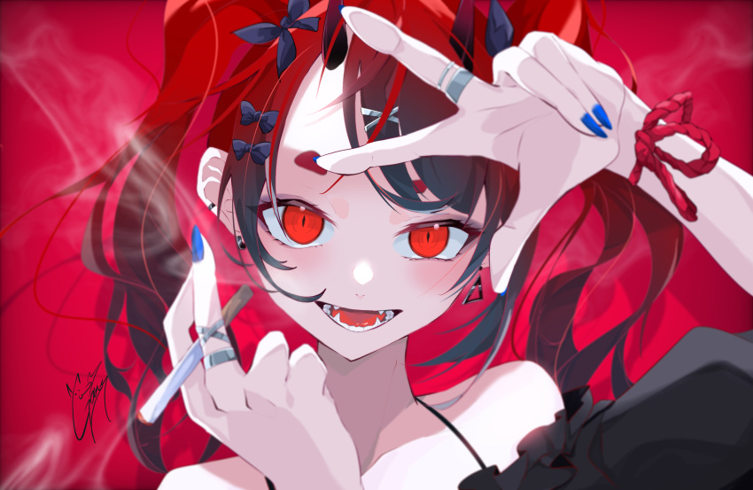 1girl blue_nails cigarette earrings fangs fingernails goma_irasuto highres holding holding_cigarette jewelry medium_hair nail_polish oni original red_background red_eyes redhead ring signature twintails upper_body