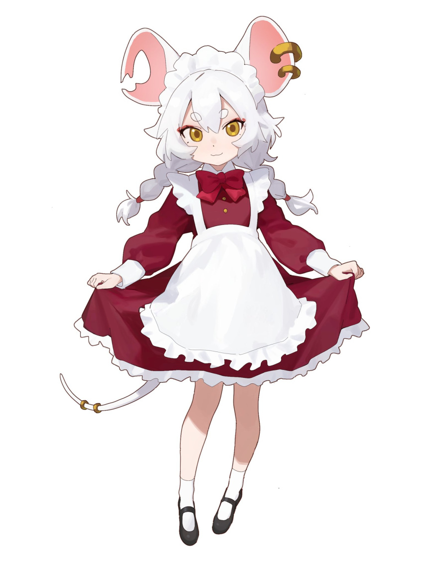 1girl animal_ears apron bow bowtie braid earrings full_body highres jewelry long_hair looking_at_viewer maid maid_headdress mary_janes mouse_ears mouse_girl mouse_tail original shoes short_eyebrows simple_background skirt_hold smile socks solo tail twin_braids white_apron white_background white_hair white_socks wuju_(1198979953) yellow_eyes