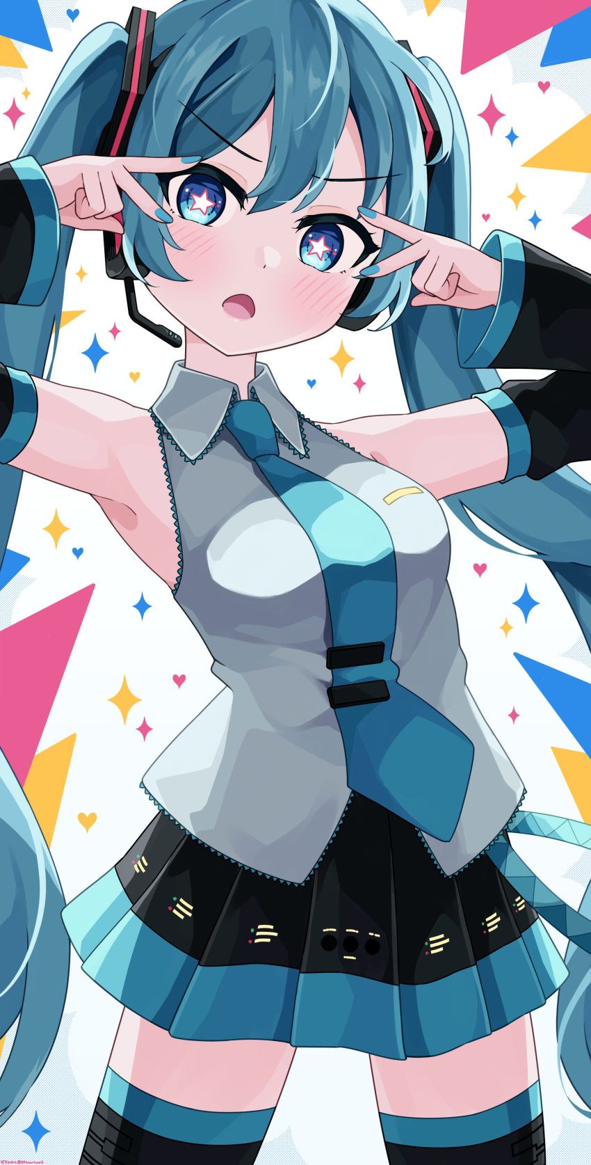 1girl absurdres aqua_eyes aqua_hair aqua_nails aqua_necktie black_skirt black_sleeves blush boots collared_shirt detached_sleeves double_v grey_shirt hair_ornament hatsune_miku headset heart highres long_hair looking_at_viewer m@gical_cure!_love_shot!_(vocaloid) necktie open_mouth pleated_skirt shirt skirt sleeveless sleeveless_shirt solo sparkle star-shaped_pupils star_(symbol) symbol-shaped_pupils thigh_boots twintails v v-shaped_eyebrows very_long_hair vocaloid zukimikan