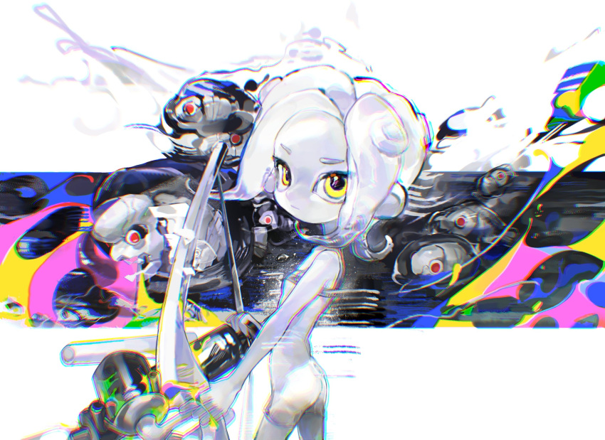 1girl :/ agent_8_(splatoon) bare_shoulders battering_lento bodysuit bow_(weapon) chinese_commentary chromatic_aberration closed_mouth colored_skin commentary_request from_side gradient_hair grey_hair highres holding holding_bow_(weapon) holding_weapon jelleton jio022 letterboxed looking_at_viewer looking_back marching_andante multicolored_background multicolored_hair octoling octoling_girl octoling_player_character order_stringer_(splatoon) outside_border paint_on_fingers sleeveless sleeveless_bodysuit solo splatoon_(series) splatoon_3 splatoon_3:_side_order suction_cups swarming_languendo tentacle_hair two-tone_hair weapon white_bodysuit white_hair white_skin yellow_eyes