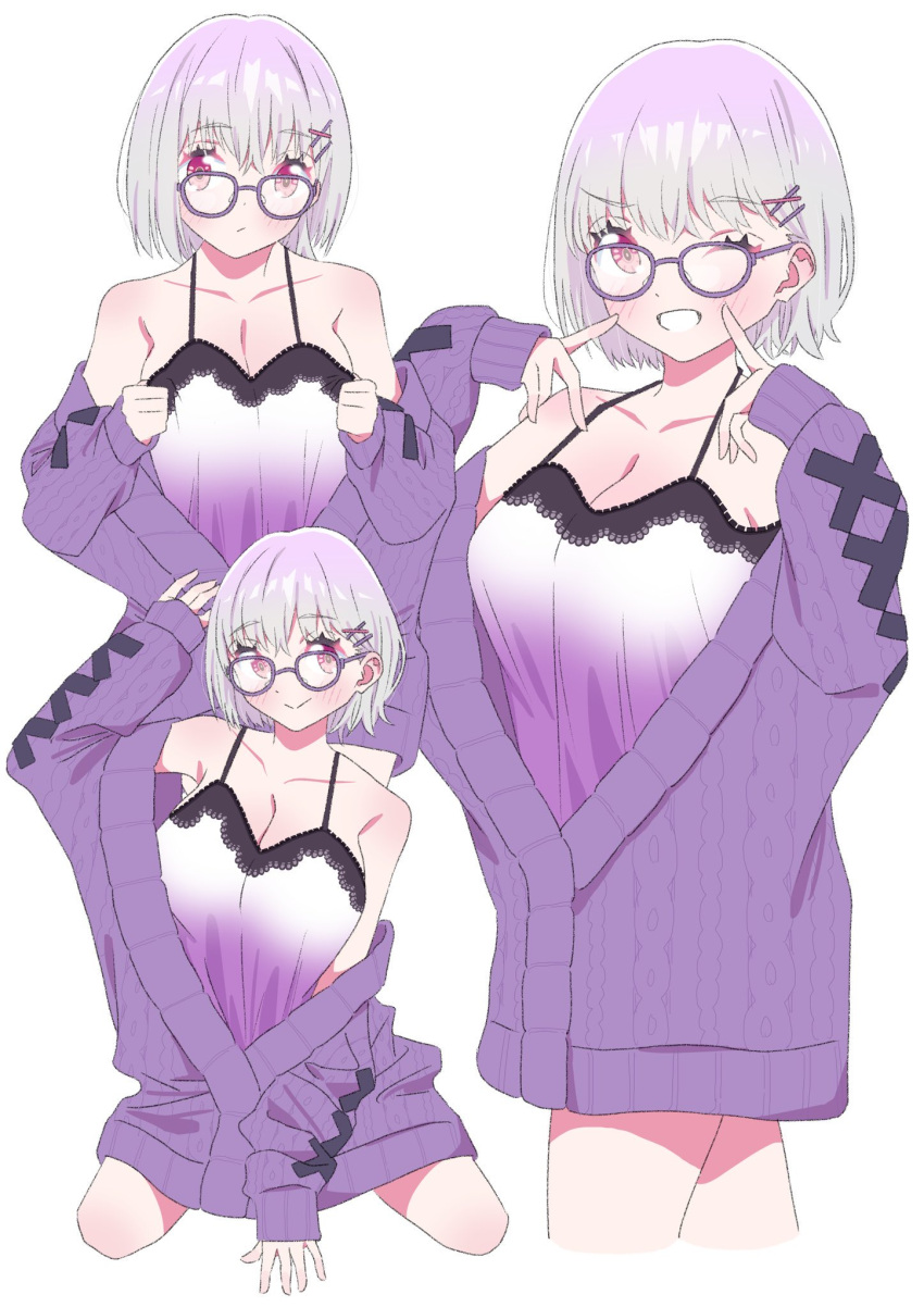 1girl blush breasts glasses gridman_universe gridman_universe_(film) highres jacket large_breasts looking_at_viewer nightgown open_clothes purple_jacket purple_nightgown red_eyes shinjou_akane sho_(shoshos_8888) short_hair smile solo ssss.gridman