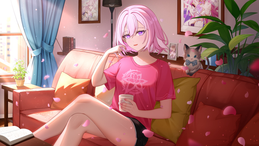 1girl absurdres animal black_shorts book breasts cat commentary_request couch crossed_legs cup curtains day dolphin_shorts elysia_(honkai_impact) hair_between_eyes hand_up hh_long highres holding holding_cup honkai_(series) honkai_impact_3rd indoors lamp looking_at_viewer on_couch open_book parted_lips petals pillow pink_hair pink_shirt plant potted_plant shelf shirt short_hair short_sleeves shorts sitting small_breasts smile solo sunlight table violet_eyes window wooden_floor