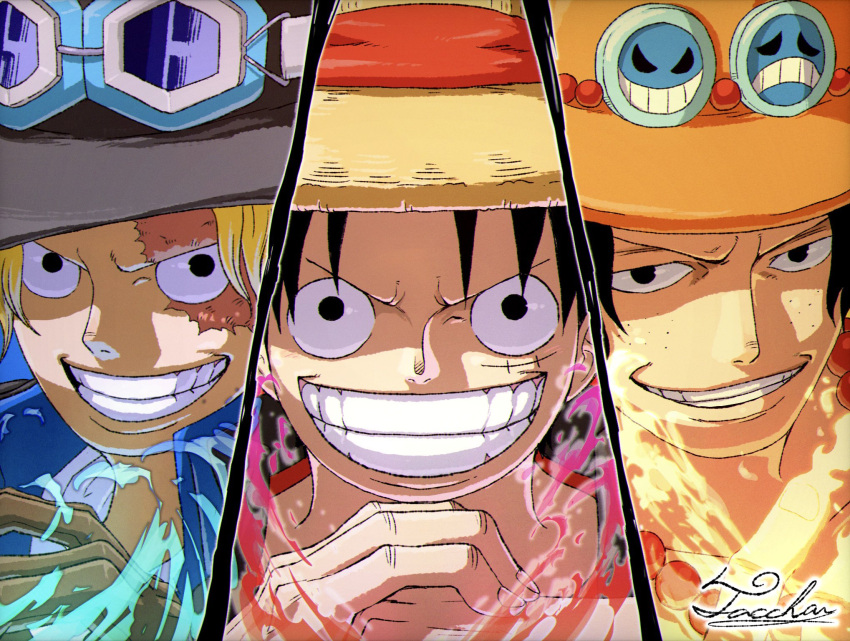 3boys black_hair black_hat blonde_hair blue_aura blue_shirt close-up collared_shirt commentary freckles gloves goggles goggles_on_headwear grin hat highres jewelry looking_at_viewer male_focus monkey_d._luffy multiple_boys necklace one_piece orange_hat pearl_necklace portgas_d._ace red_aura sabo_(one_piece) scar scar_on_face shirt signature smile straw_hat tacchan56110 teeth yellow_aura