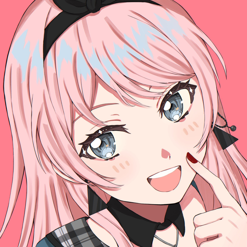 1girl bang_dream! bang_dream!_it's_mygo!!!!! black_hairband blush chihaya_anon commentary detached_collar earrings grey_eyes hairband hand_up highres index_finger_raised jewelry long_hair looking_at_viewer nisaka_(nini2plus) open_mouth pink_background pink_hair portrait red_nails simple_background smile solo