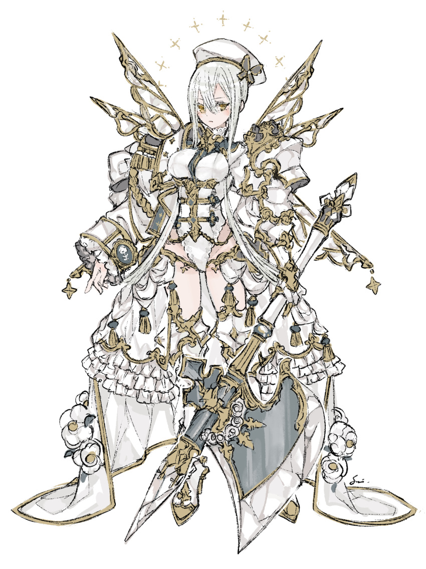 1girl aiguillette armor armored_boots beret boots breasts closed_mouth crossed_bangs flower frills frown full_body gauntlets gold_trim hair_between_eyes hat high_heel_boots high_heels highleg highleg_leotard highres holding holding_staff leotard long_hair long_sleeves medium_breasts original simple_background single_gauntlet solo staff sumisu_(rinsumi) tassel very_long_hair white_armor white_background white_flower white_hair white_hat white_leotard white_theme yellow_eyes