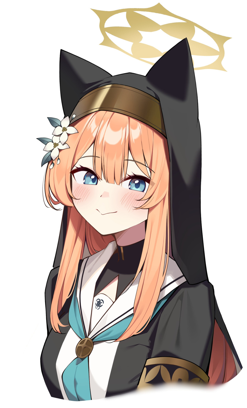 1girl :&gt; absurdres aqua_neckerchief black_coat black_veil blue_archive blue_eyes blush closed_mouth coat commentary_request flower gold_armlet hair_between_eyes hair_flower hair_ornament halo highres long_hair looking_at_viewer mari_(blue_archive) muo_(muojjang_0929) neckerchief nun orange_hair sailor_collar simple_background smile solo upper_body veil white_background white_flower white_sailor_collar yellow_halo