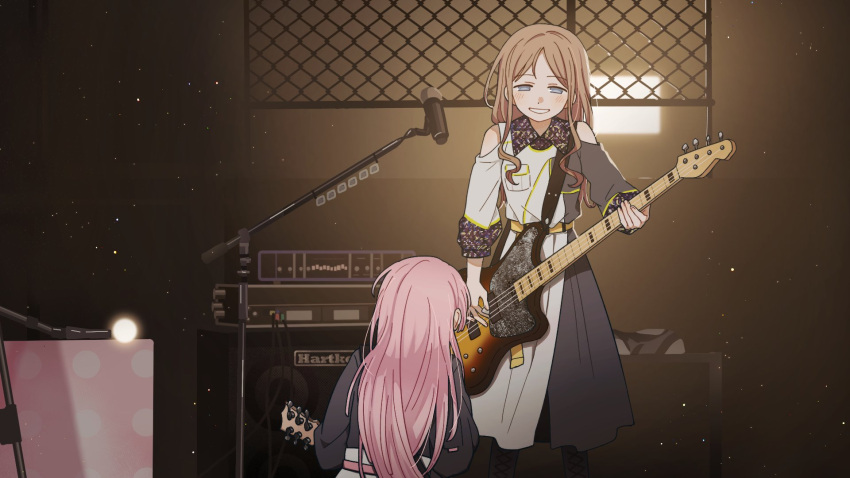 2girls artist_request bang_dream! bang_dream!_it's_mygo!!!!! black_dress blue_eyes blush brown_hair chihaya_anon clothing_cutout commission dress guitar highres holding holding_guitar holding_instrument instrument kneeling light_particles long_hair long_sleeves microphone microphone_stand multiple_girls nagasaki_soyo pink_hair second-party_source shoulder_cutout smile two-tone_dress white_dress