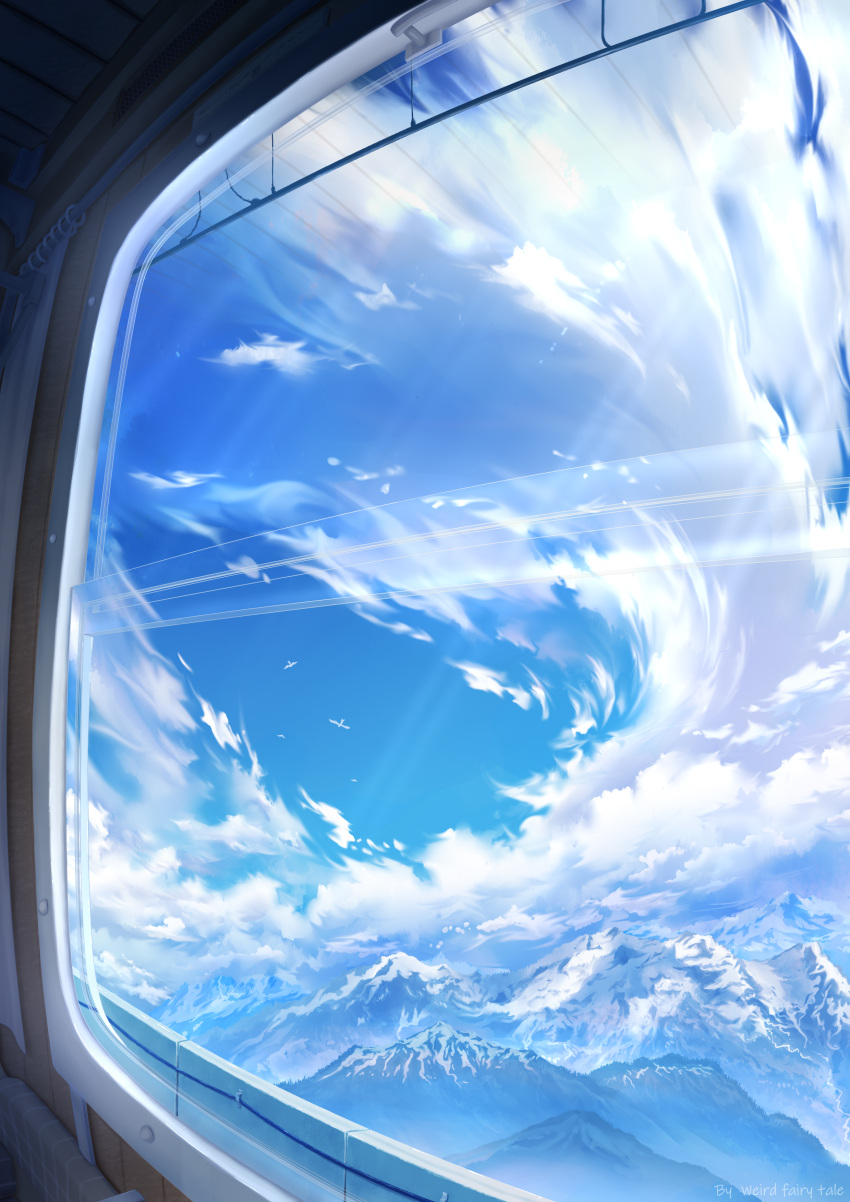 absurdres artist_name bird blue_sky blue_theme clouds commentary_request day from_inside guiyi_tonghua highres horizon landscape mountain no_humans original scenery sky snow window