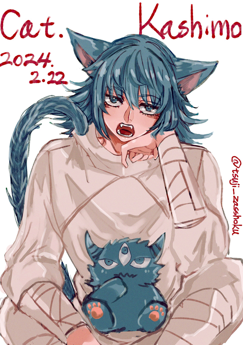 1boy absurdres animal_ears animal_hands animalization bandaged_arm bandaged_leg bandages blue_eyes blue_hair blue_horns blue_tail cat cat_boy cat_day cat_ears cat_tail character_name closed_mouth english_text extra_eyes fangs hair_between_eyes hand_on_own_chin hand_to_own_mouth highres horns jujutsu_kaisen long_hair looking_up male_focus messy_hair open_mouth shirt sitting solo tail tsuji_ko00 twitter_username wavy_mouth white_background white_shirt