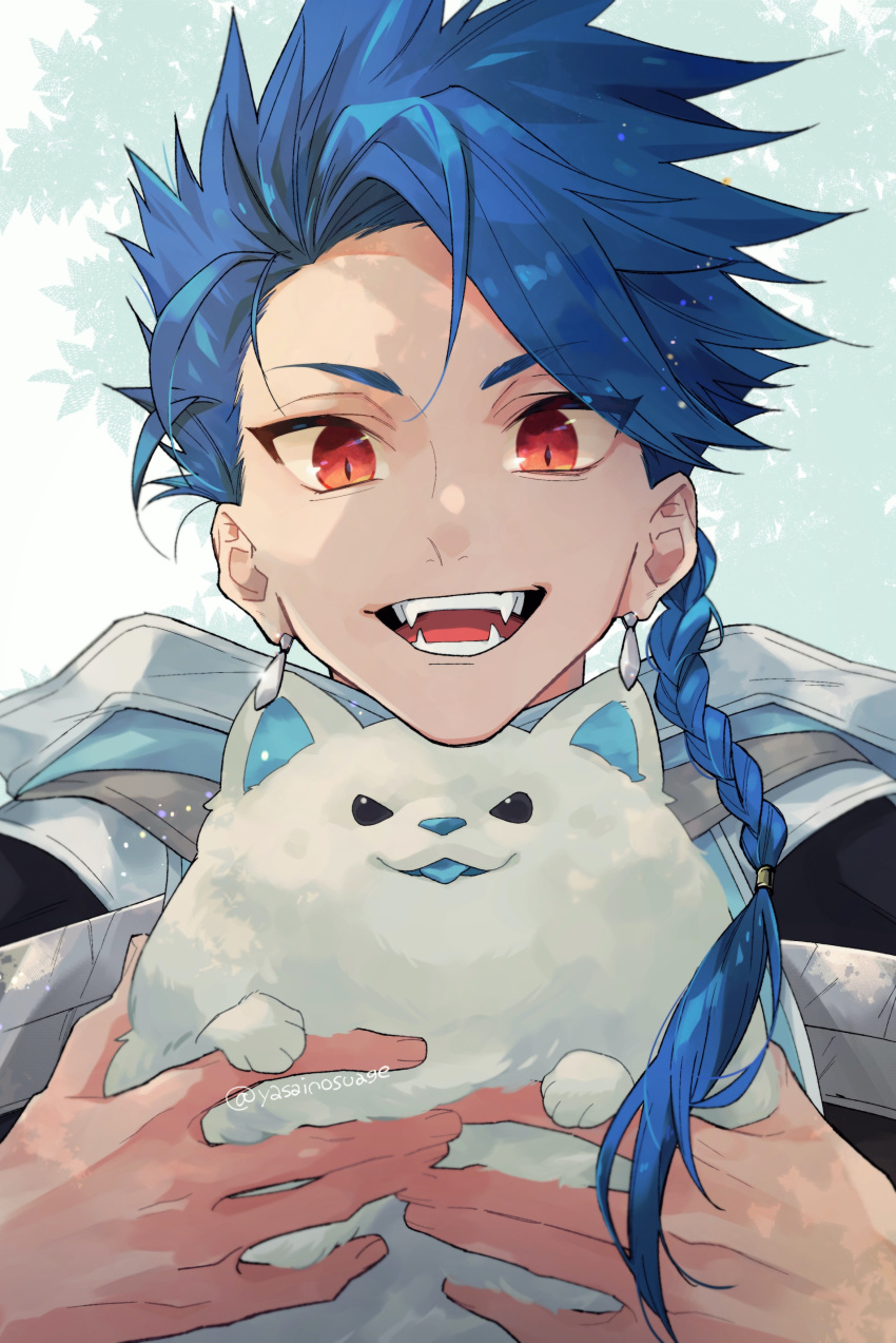 1boy absurdres animal asymmetrical_bangs blue_hair braid braided_ponytail capelet child cu_chulainn_(fate) dog earrings fangs fate/grand_order fate_(series) highres holding hood hooded_capelet jewelry kajijii long_hair looking_at_viewer male_focus portrait puppy red_eyes samoyed_(dog) setanta_(fate) smile solo spiky_hair twitter_username white_dog