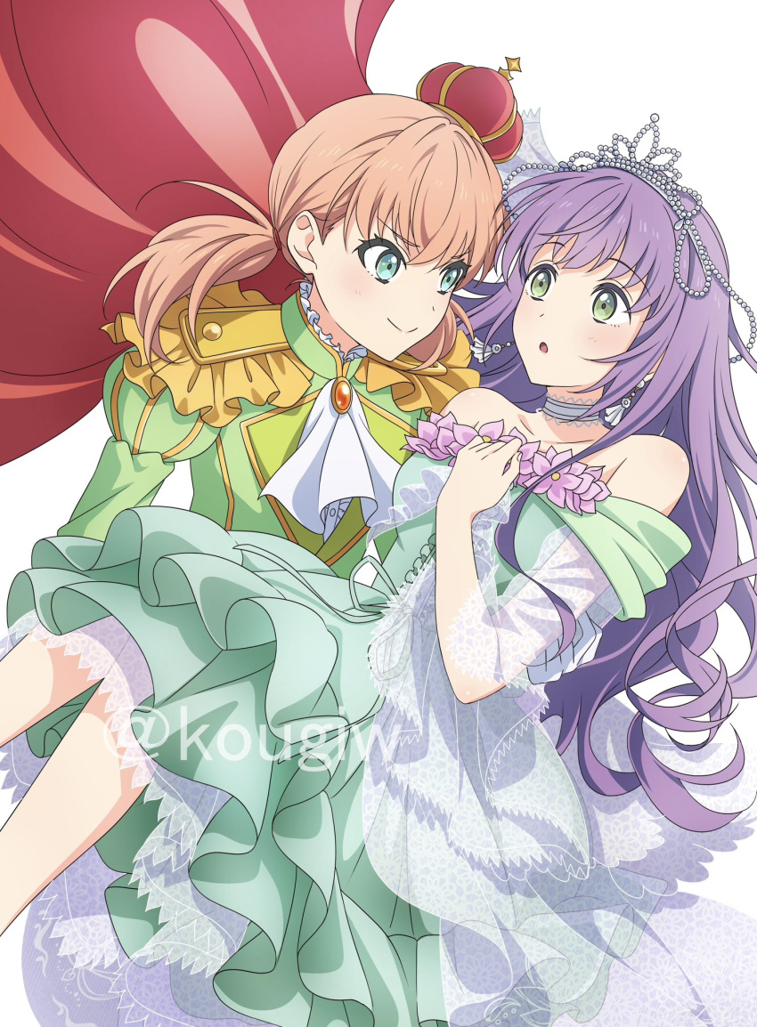 2girls alternate_hairstyle ascot bare_shoulders bird cape carrying cerise_bouquet choker closed_mouth collarbone commentary_request crow dress earrings epaulettes frilled_dress frills green_dress green_eyes green_jacket hair_down highres hinoshita_kaho jacket jewelry kougi_hiroshi layered_dress link!_like!_love_live! long_hair long_sleeves looking_at_another love_live! multiple_girls open_mouth orange_hair otomune_kozue princess_carry purple_hair red_cape smile standing tiara twintails twitter_username upper_body v-shaped_eyebrows virtual_youtuber watermark white_ascot white_background white_choker