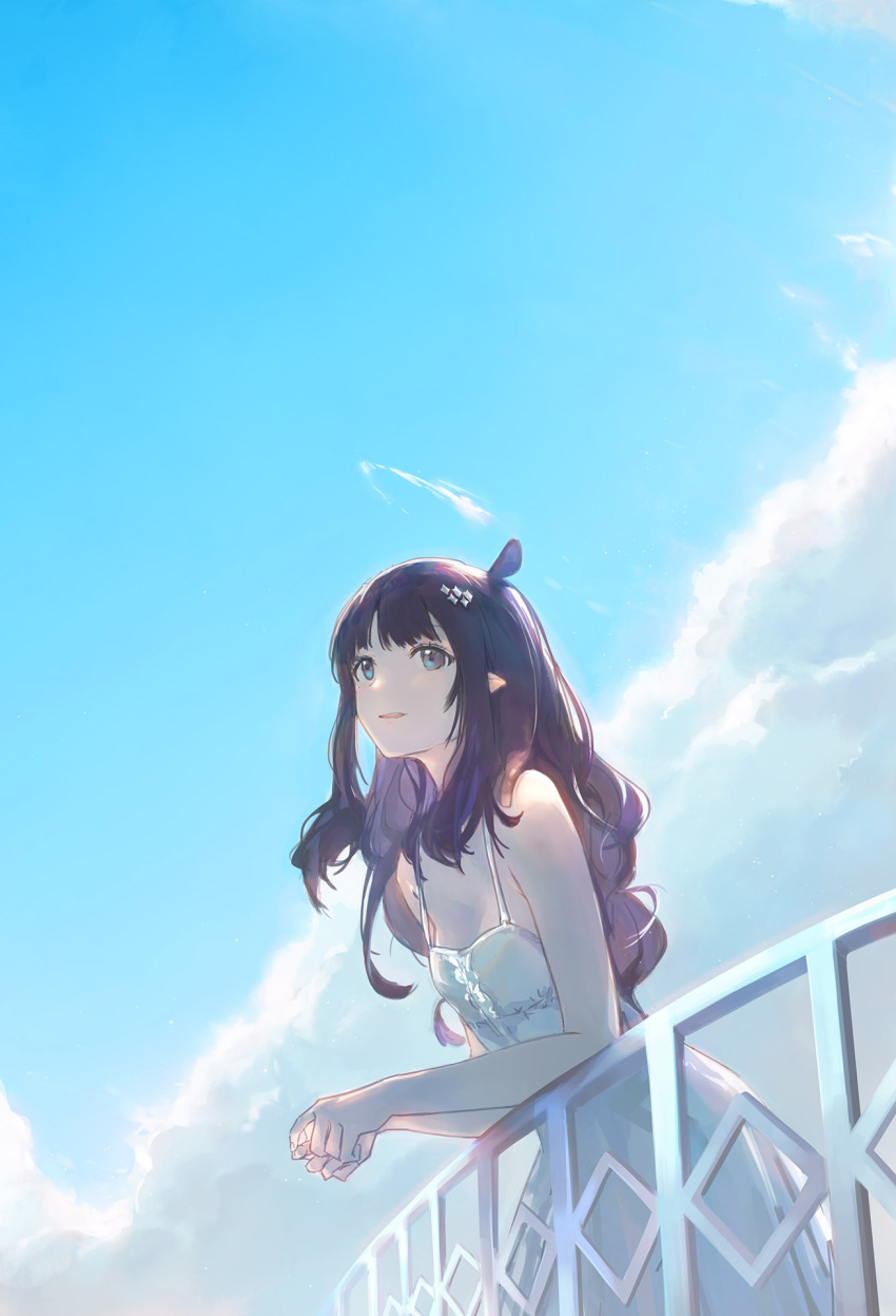 1girl against_railing alternate_costume alternate_hairstyle blue_eyes blue_sky blunt_bangs breasts clouds day dress hair_ornament hair_over_shoulder hairclip hashtag-only_commentary highres hololive hololive_english long_dress long_hair looking_up ninomae_ina'nis open_mouth outdoors pointy_ears purple_hair railing sidelocks sky sleeveless sleeveless_dress small_breasts solo sundress tallgeese_(lgeesel) tentacle_hair virtual_youtuber wavy_hair white_dress
