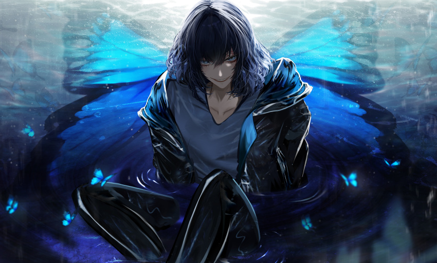 1boy absurdres antinese black_hair black_jacket black_pants blue_eyes blue_shirt bug butterfly butterfly_wings fate/grand_order fate_(series) highres hood hood_down hooded_jacket insect_wings jacket long_sleeves male_focus medium_hair oberon_(fate) oberon_(moody_summer_oberon)_(fate) oberon_(third_ascension)_(fate) open_clothes open_jacket pants shirt sitting smile solo wings