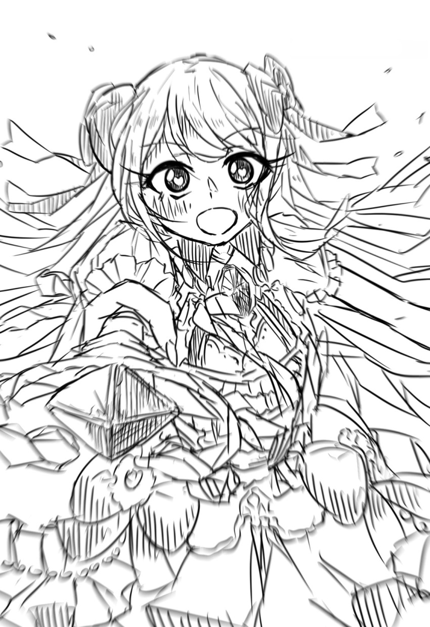 1girl alla_yashiki bad_id bad_twitter_id chaos_marie_(grimms_notes) cleavage_cutout clothing_cutout dress frills grimms_notes heart heart-shaped_pupils highres holding holding_wand holding_weapon jewelry monochrome necklace open_mouth outstretched_arms pendant puffy_short_sleeves puffy_sleeves short_sleeves sketch smile solo symbol-shaped_pupils wand weapon
