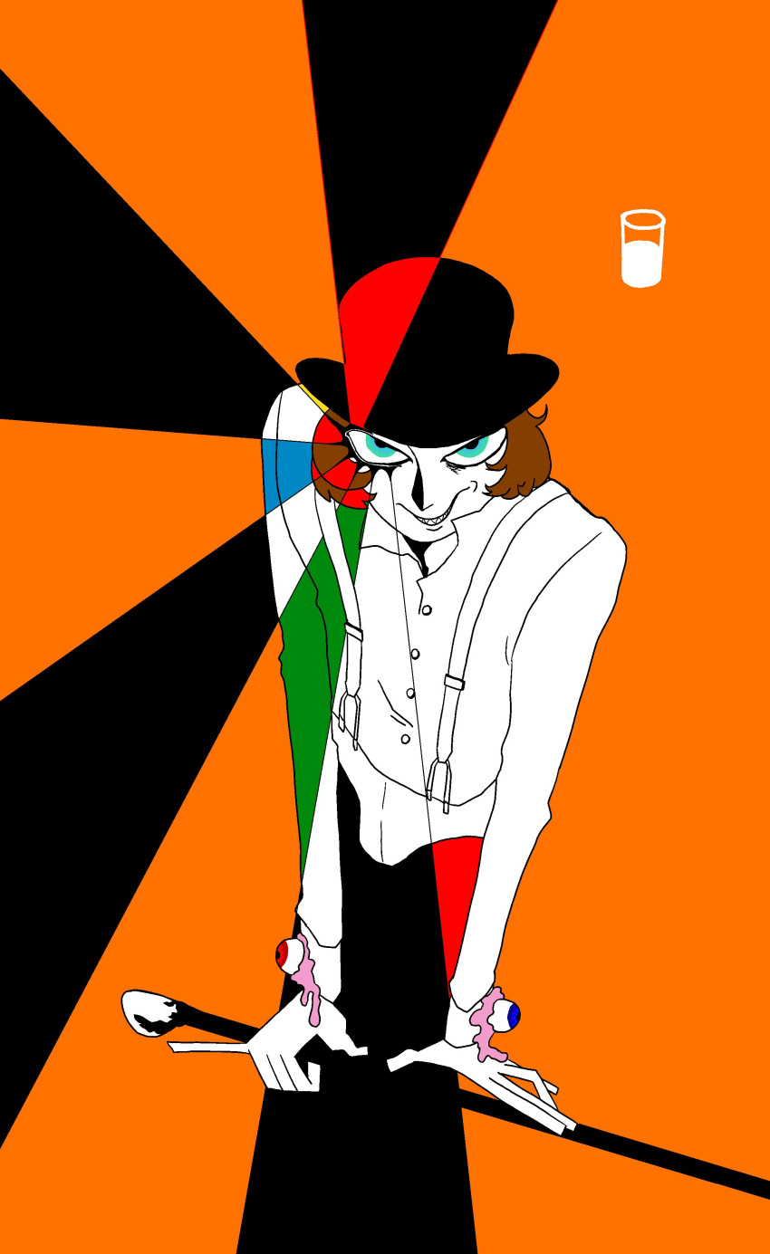 1boy a_clockwork_orange absurdres alex_delarge black_headwear bowler_hat brown_hair buttons cane codpiece collared_shirt cropped_torso cup drinking_glass evil_grin evil_smile eyeball eyelashes glaring green_eyes grin half-closed_eyes hat highres holding holding_cane kipper_goodbreakfast long_sleeves looking_at_viewer male_focus milk pinky_out revealing_layer sanpaku sharp_teeth shirt short_hair smile solo sunburst suspenders teeth two-handed v-shaped_eyes white_shirt