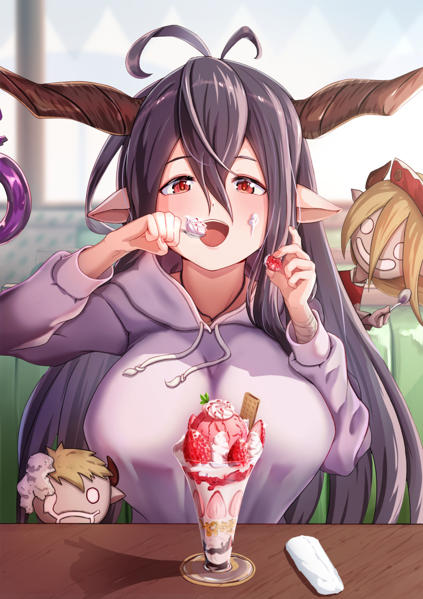 1girl bandages black_hair breasts commission cream cream_on_face danua doll draph food food_on_face granblue_fantasy hair_between_eyes highres hood hoodie horn_ornament horns large_breasts long_hair parfait pizzicato_il pointy_ears red_eyes skeb_commission strawberry_parfait